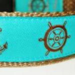 Nautical Dog Collar - Aqua And Brown - Size Medium..