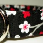 Dog Collar - Black With Red And White Flowers -..