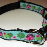Dog Collar - Blue With Pink Houses, Green Trees,..