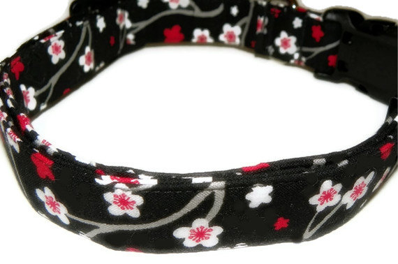 Dog Collar - Black With Red And White Flowers - Size Xs 7-11"