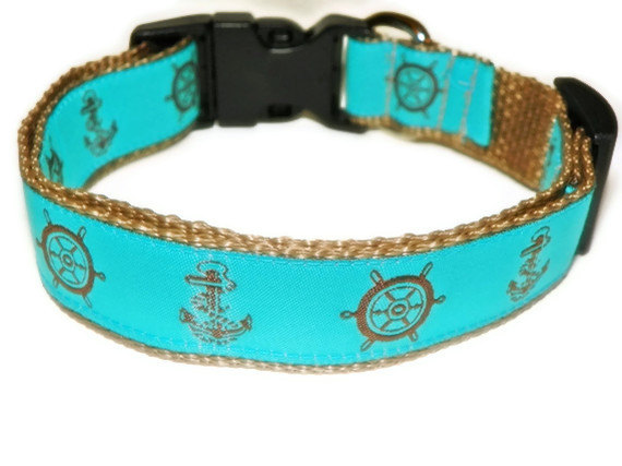 Nautical Dog Collar - Aqua And Brown - Size Medium 12-19"