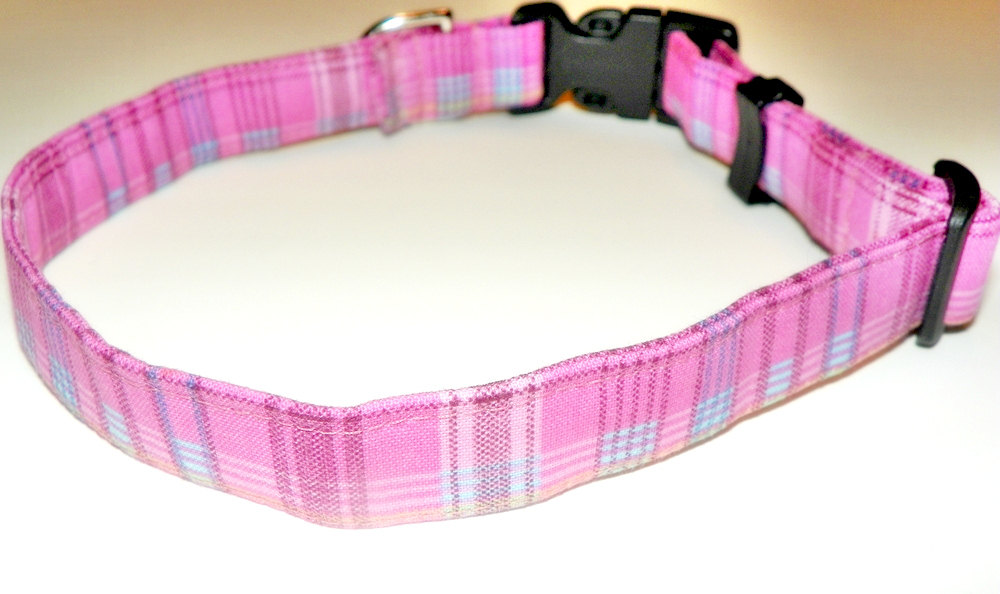 Dog Collar - Pink And Blue Plaid - Size Medium 12-19"