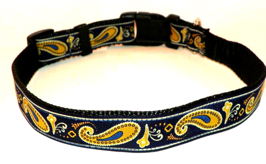 Paisley Dog Collar - Navy Blue & Gold Paisley - Size Large (15-24")