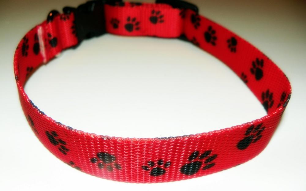 Dog Collar, Red With Black Pawprints Size Medium 12-19"