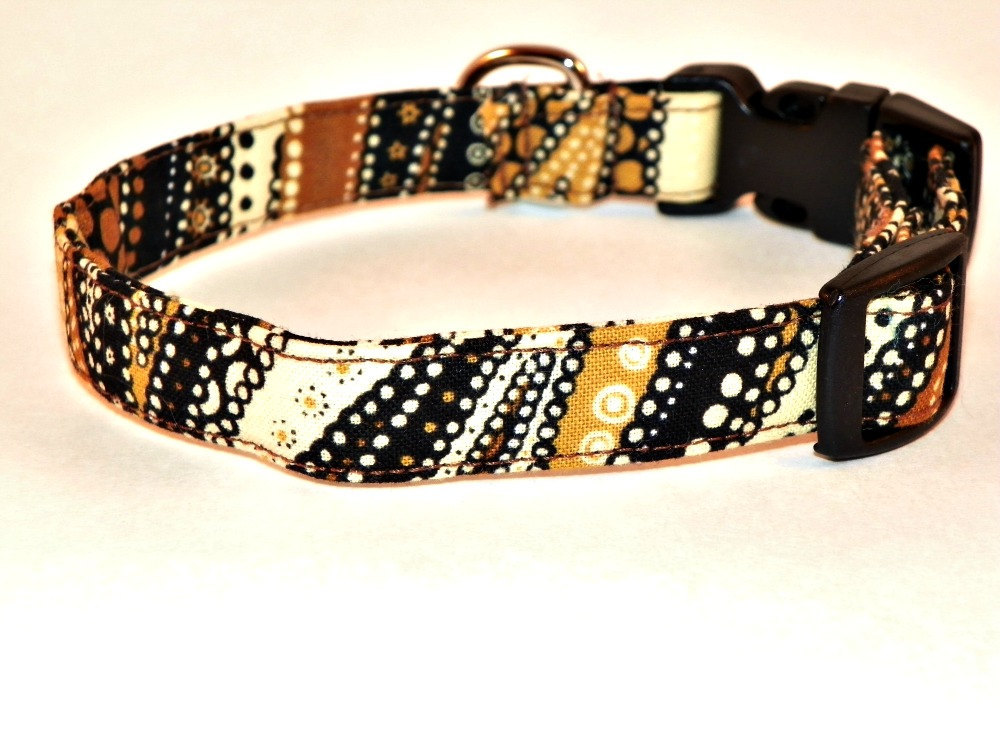 Xl Dog Collar - Brown, Black And Gold Swirls & Dots Size Xl