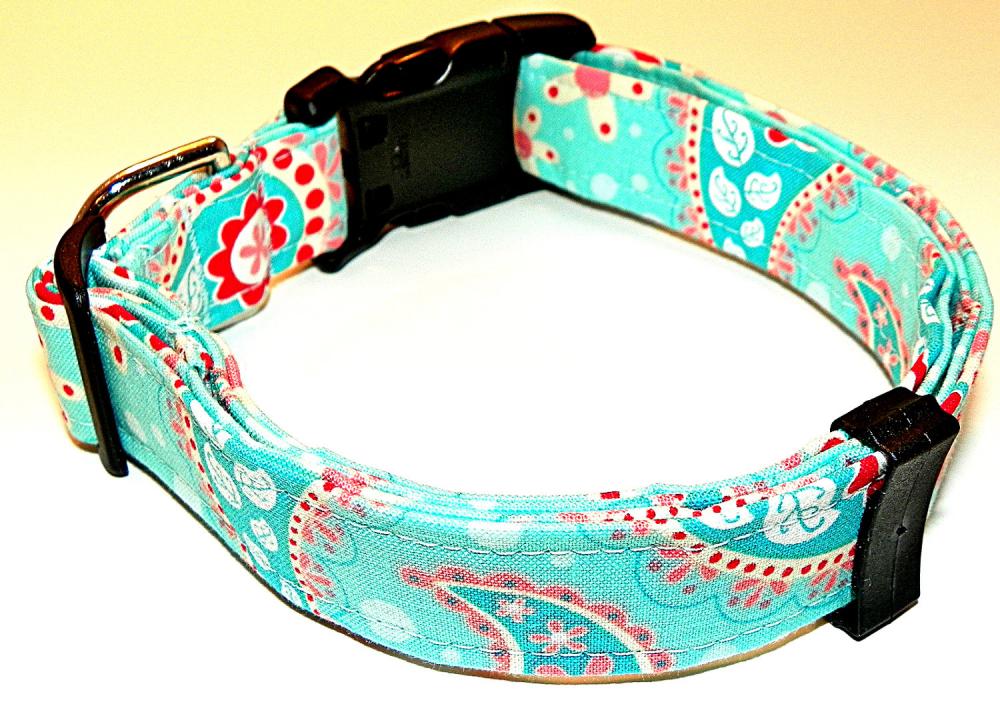 Paisley Dog Collar - Pink, Peach And Red Paisley On Turquoise, Large Dog - Size Lg (15-24") Springtime