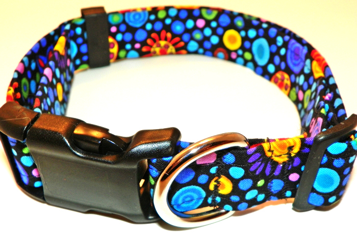 Adjustable Dog Collar - Bright Colored Circles & Shapes On Black - Large Dog - Size Lg (15-24")